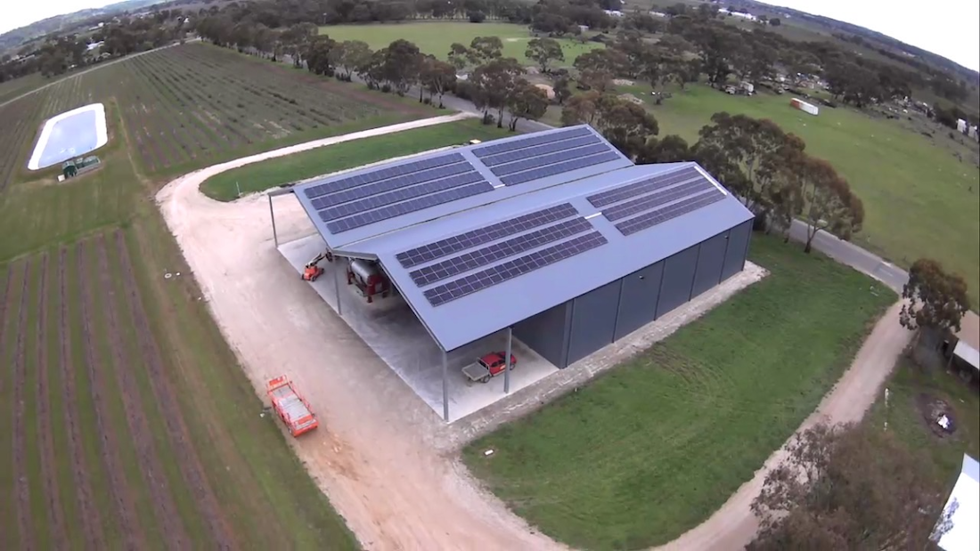 Drone image of winery with solar panels